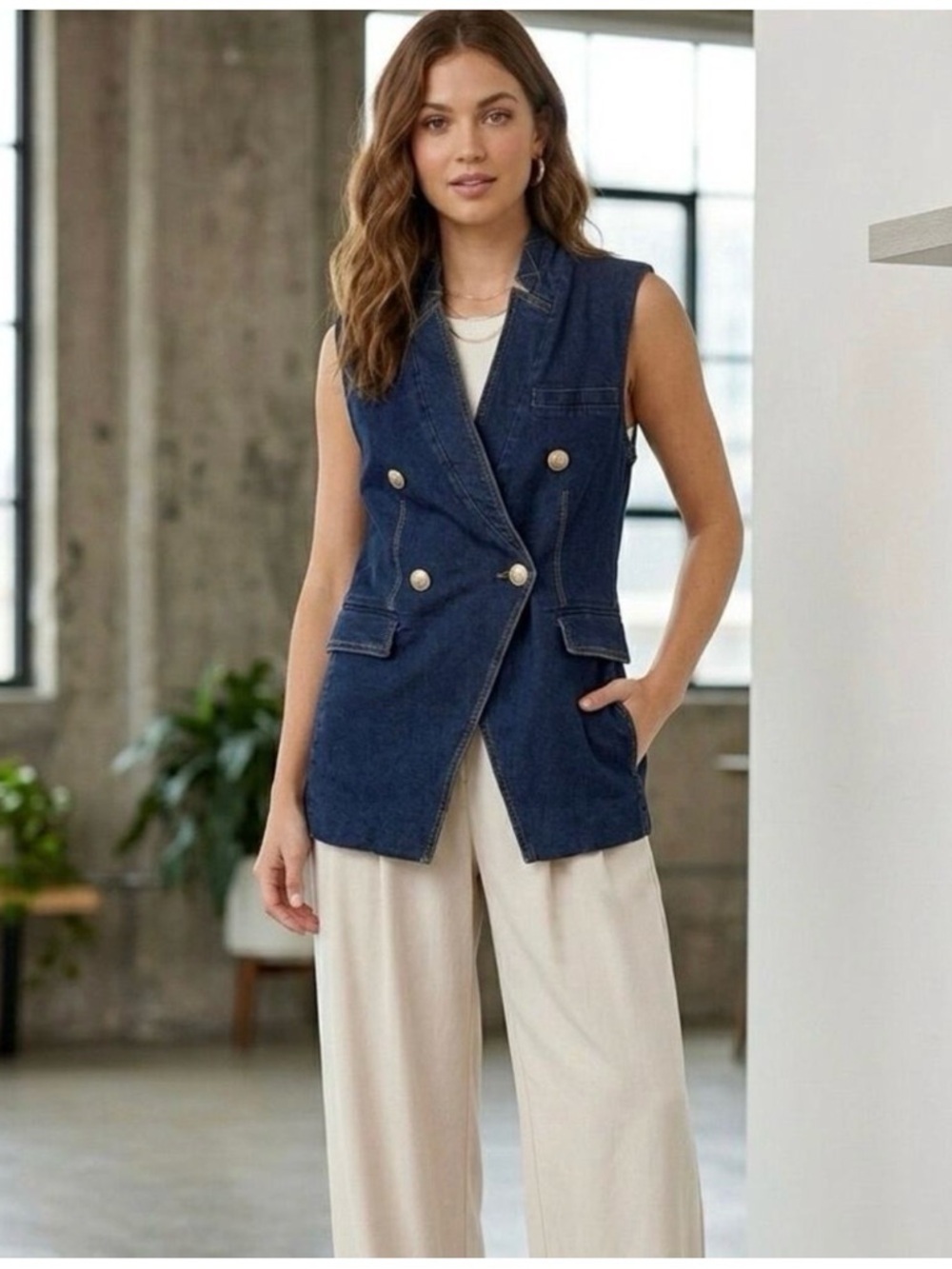 Avec Les Filles Dark Blue Double-Breasted Denim Vest - Picture 2 of 2